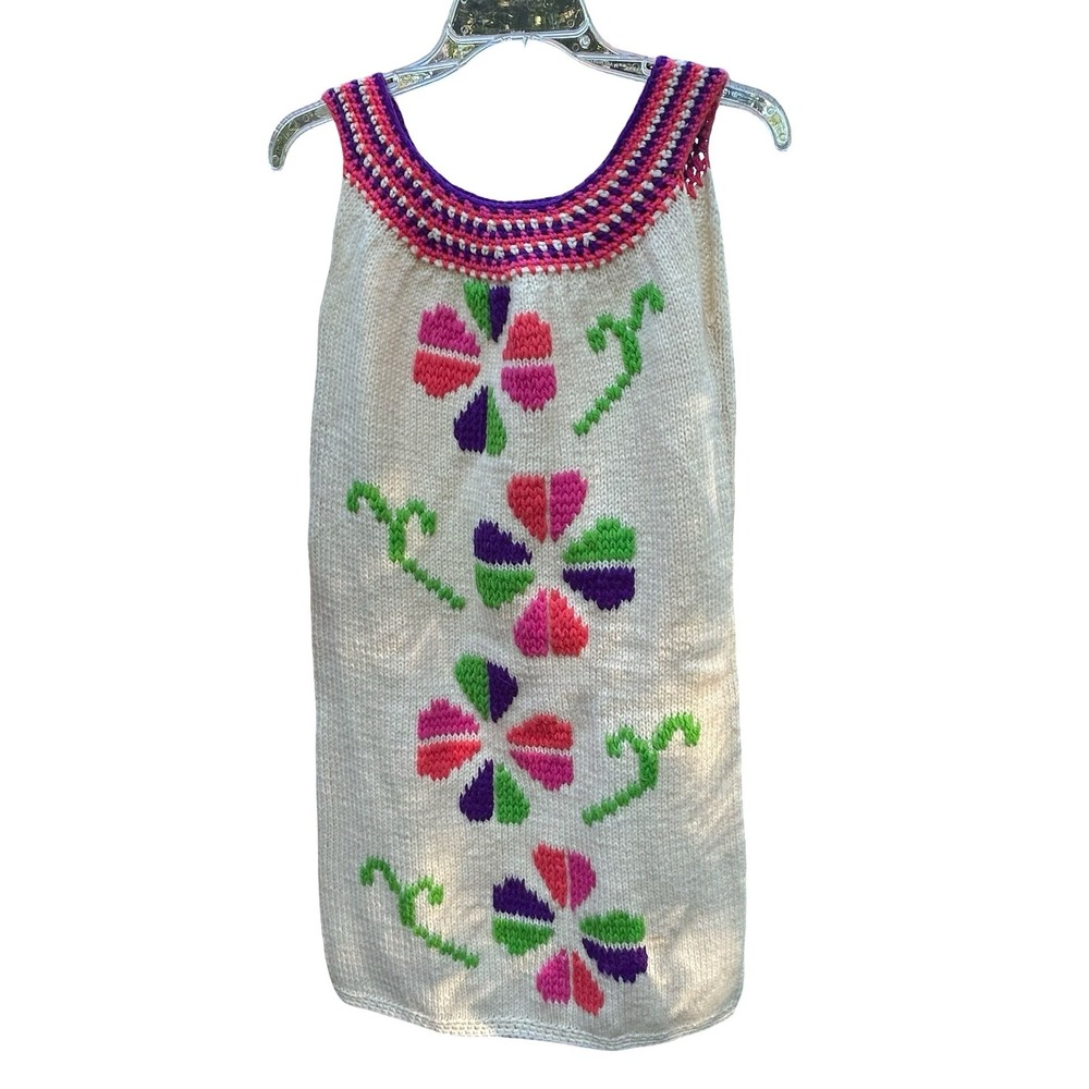 Vintage Handmade Knit Tank Dress S Floral Boho Crochet Trim Colorful Mini